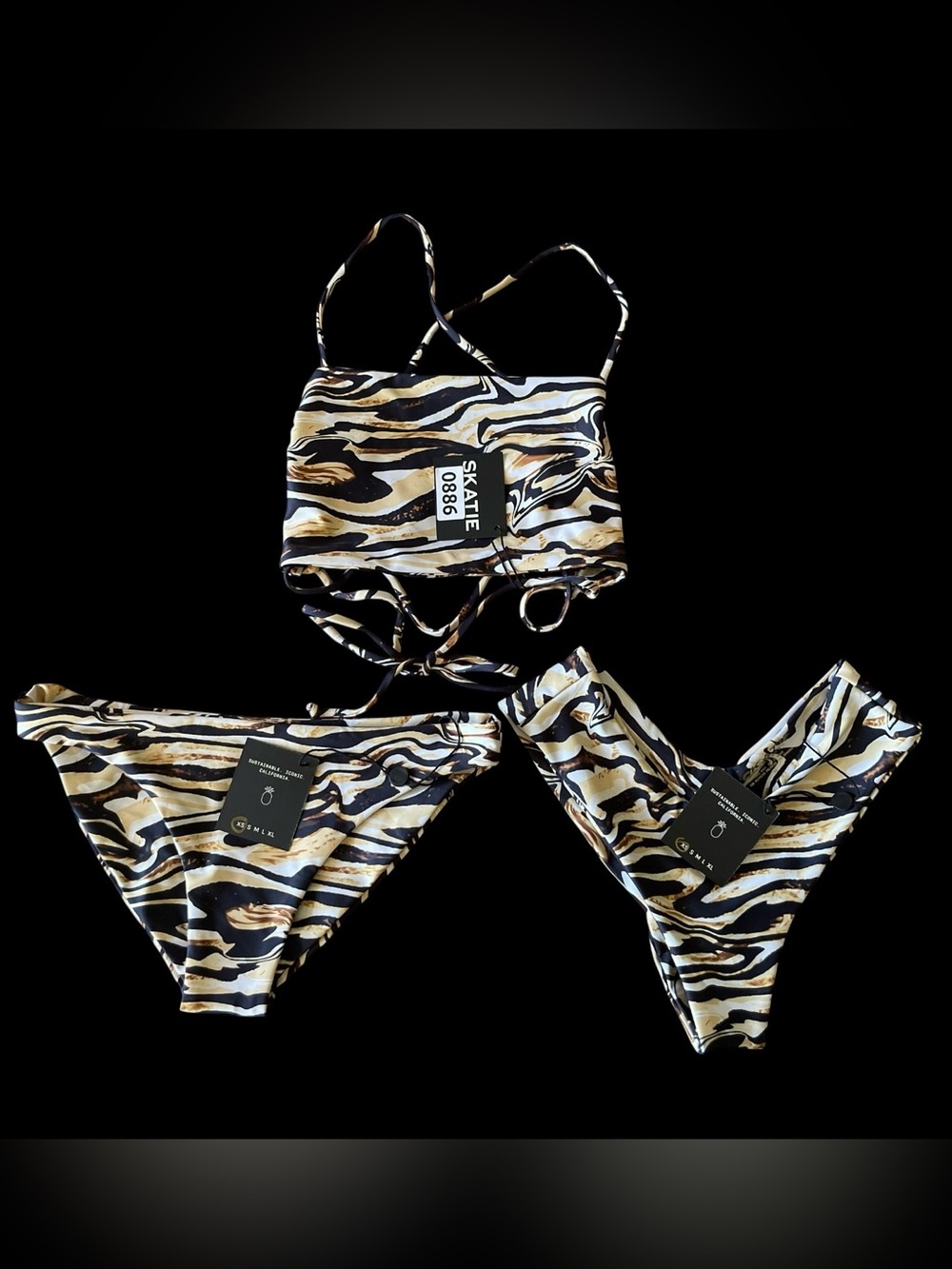 NWT Skatie Bandeau Bikini Top with Cheryl & Mandi Bottoms XS Zebra Marble Swim